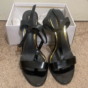 Black and Metallic T Strap Heel Sandals